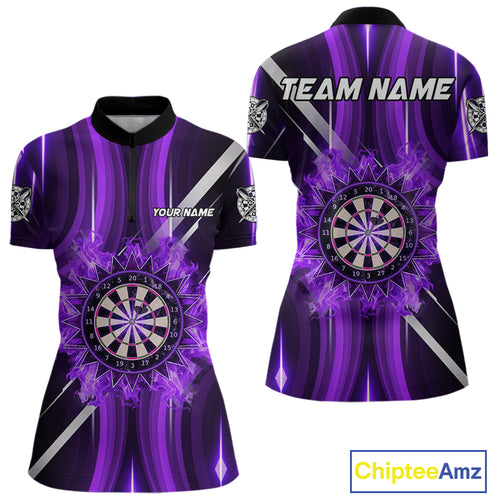 Custom Purple Flames Dartboard Flower Women Darts Quarter-Zip Shirt Dart Team Jersey Gifts NYN1987