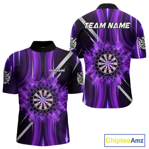 Custom Purple Flames Dartboard Flower Men Darts Quarter-Zip  Shirt Dart Team Jersey Gifts NYN1987