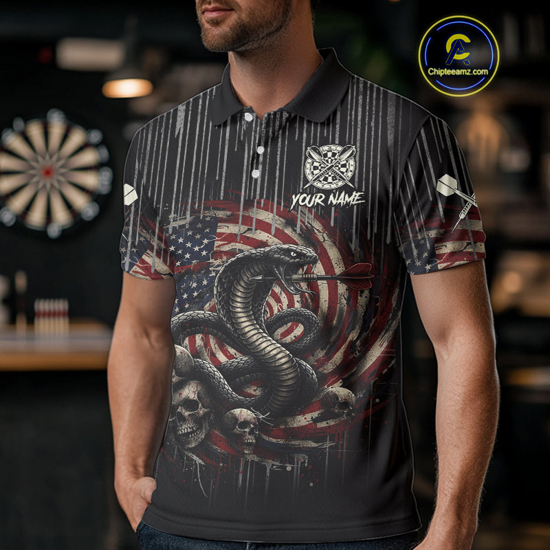 Custom US Flag Cobra Skull Swirl Vintage Men Darts Polo Shirt Retro Dart Jersey Gifts NYN1988