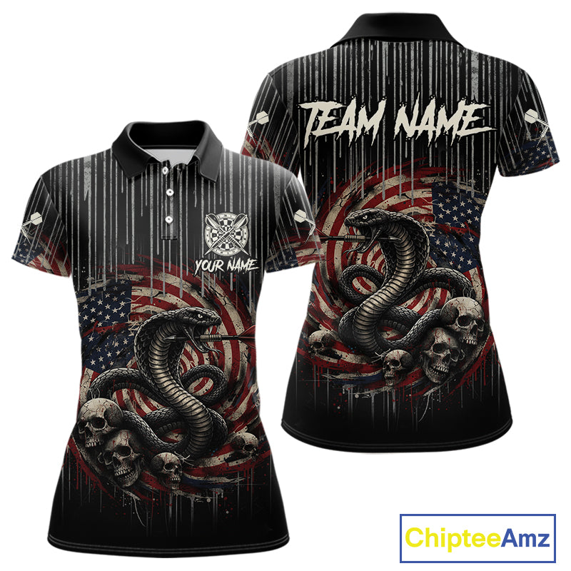 Custom US Flag Cobra Skull Swirl Vintage Women Darts Polo Shirt Retro Dart Jersey Gifts NYN1988