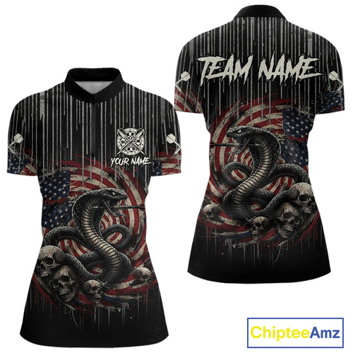 Custom US Flag Cobra Skull Swirl Vintage Women Darts Quarter-Zip Shirt Retro Dart Jersey Gifts NYN1988