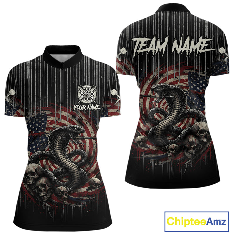 Custom US Flag Cobra Skull Swirl Vintage Women Darts Quarter-Zip Shirt Retro Dart Jersey Gifts NYN1988