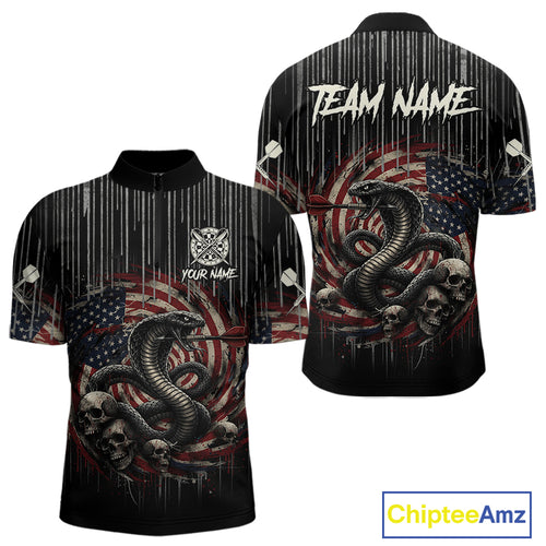 Custom US Flag Cobra Skull Swirl Vintage Men Darts Quarter-Zip Shirt Retro Dart Jersey Gifts NYN1988