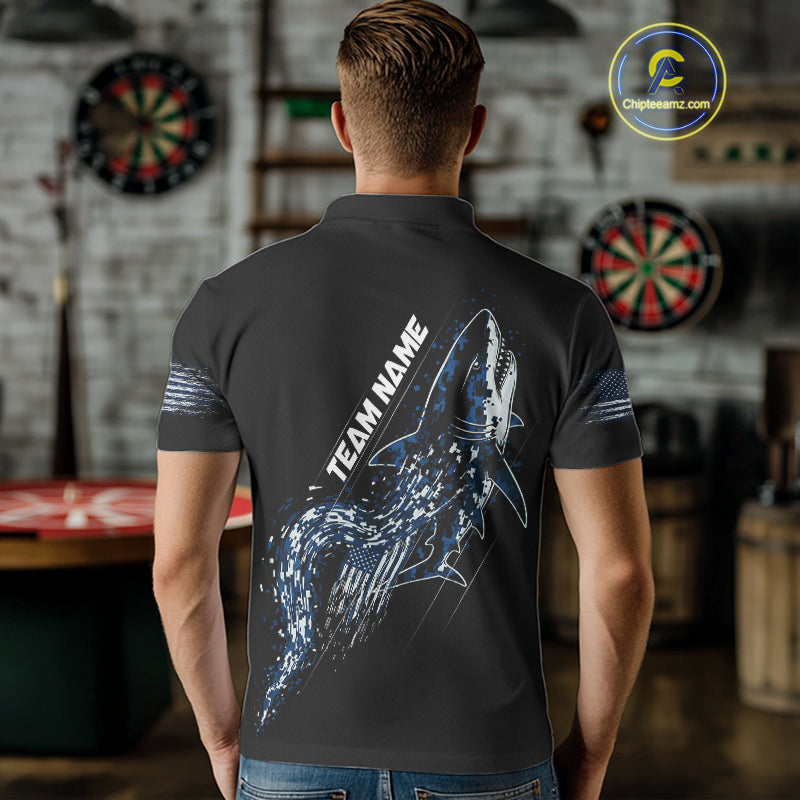 Custom Black And Blue US Flag Digital Camo Shark Darts Polo Shirt For Men Dart Gifts NYN1994
