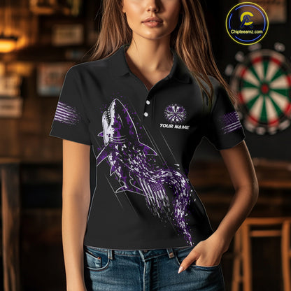 Custom Black And Purple US Flag Digital Camo Shark Darts Polo Shirt For Women Dart Gifts NYN1995
