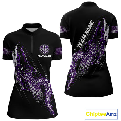 Custom Black And Purple US Flag Digital Camo Shark Darts Quarter-Zip Shirt For Women Dart Gifts NYN1995