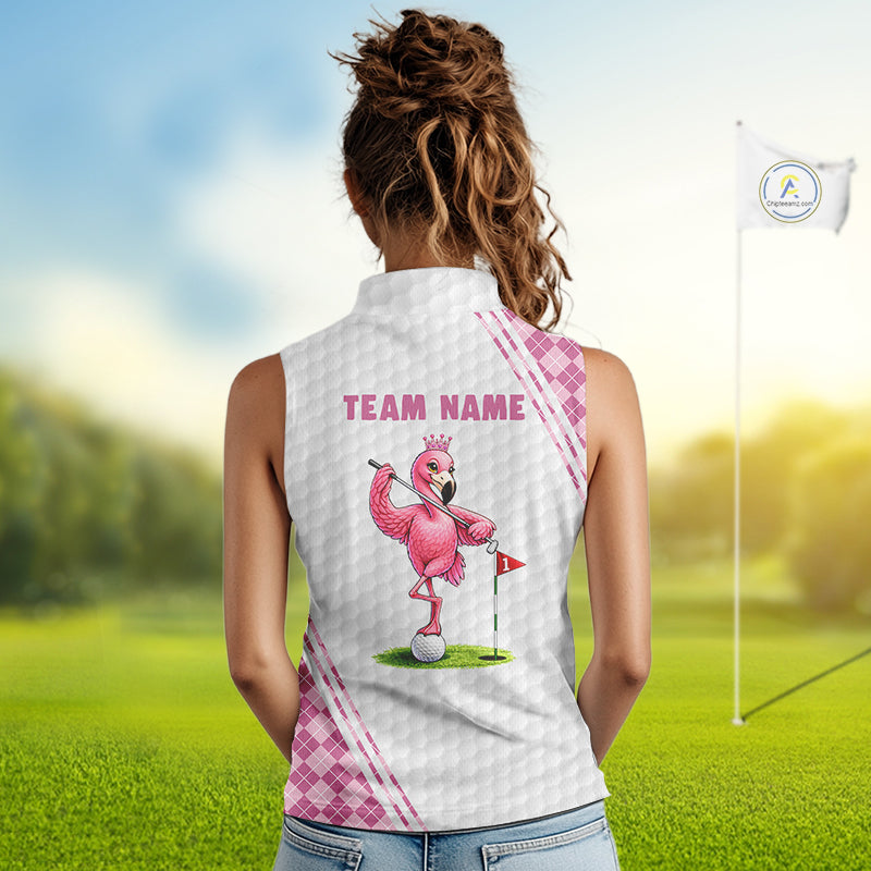 Funny Womens Golf Sleeveless Polo Shirt Custom Crown Flamingo Pink Argyle Pattern Golf Clothing Shirts NYN2876