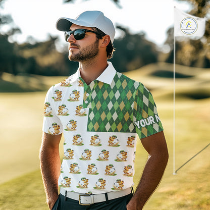 Funny Duck Polo Shirt Mens Golf Polo Shirts Custom Green Argyle Pattern Duck Golf Shirts NYN2879
