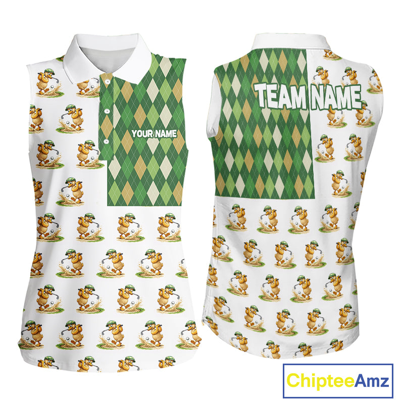 Funny Duck Sleeveless Polo Shirt Womens Golf Polo Shirts Custom Green Argyle Duck Golf Shirts NYN2879