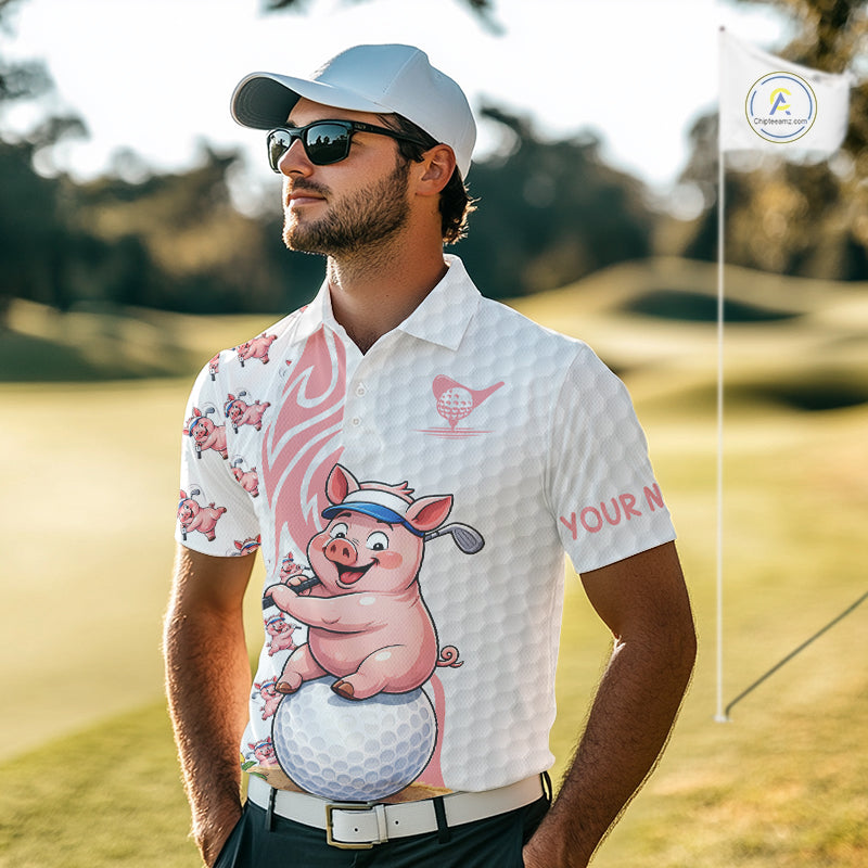 Funny Pig Polo Shirt Mens Golf Polo Shirts Custom Golfing Pig White Golf Pattern Golf Shirts NYN2883