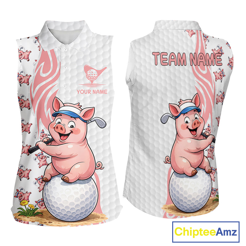 Funny Pig Sleeveless Polo Shirt Womens Golf Polo Shirts Custom Golfing Pig White Golf Pattern Shirts NYN2883