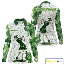Load image into Gallery viewer, Funny Womens Golf Polo Shirt Custom Green Argyle Pattern Golf Ball Personalized Skull Golf Shirts NYN3100