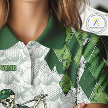 Load image into Gallery viewer, Funny Womens Golf Polo Shirt Custom Green Argyle Pattern Golf Ball Personalized Skull Golf Shirts NYN3100