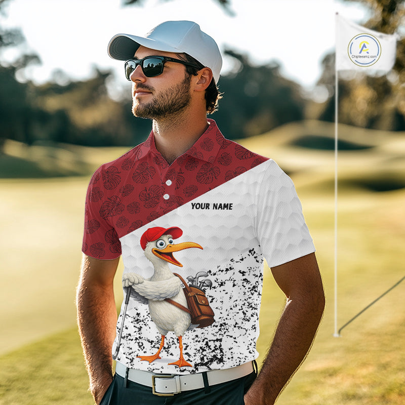 Funny Duck Golfer Mens Golf Polo Shirt Custom Black Grunge Tropical Team Golf Shirts | Red NYN3101