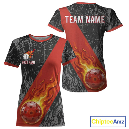 Fire Flame Pickleball Ball Custom Pickleball Shirts For Women, Grunge Pickleball T-Shirt Tops | Red NYN3102