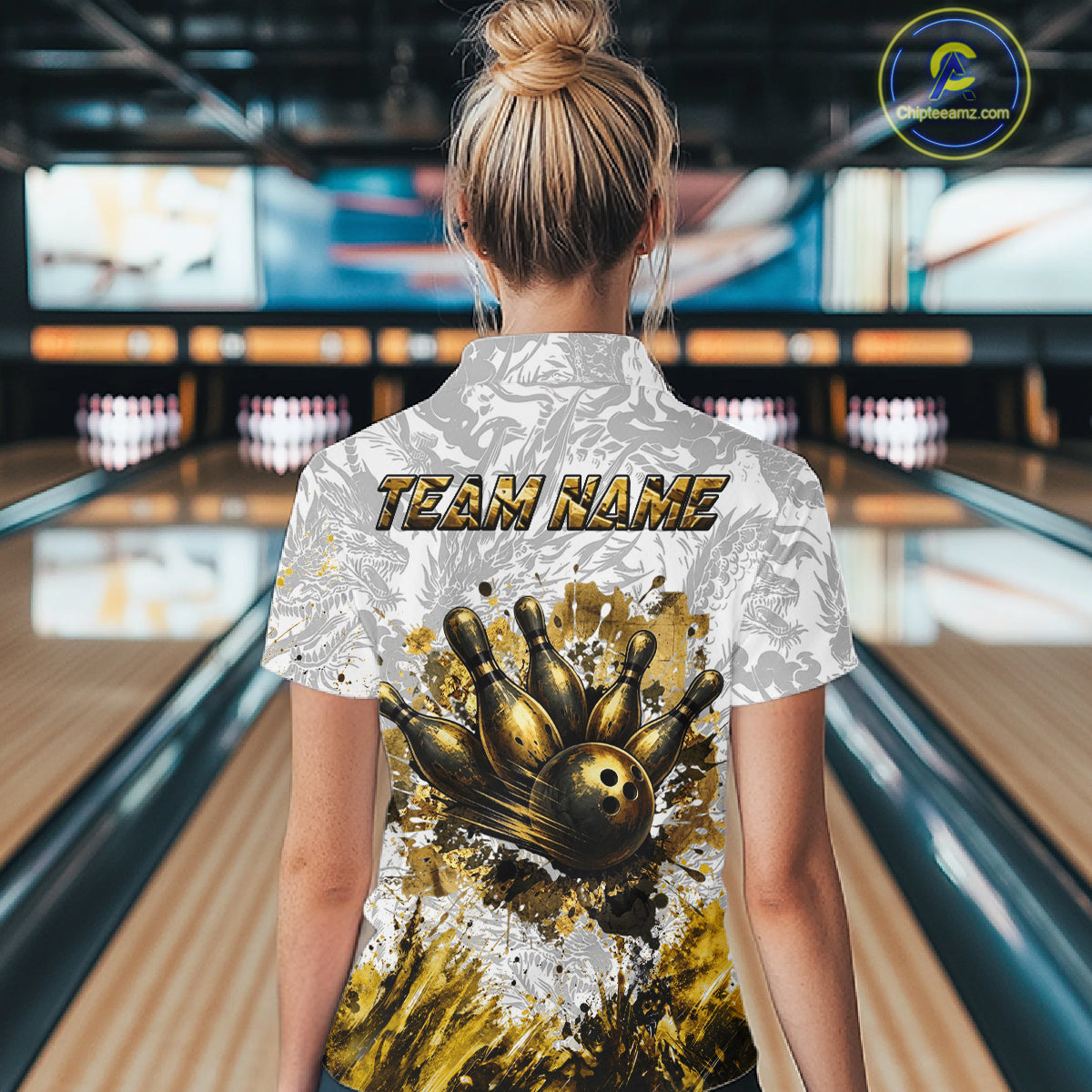 Splatter Black & Gold Bowling Polo & 1/4-Zip Shirt For Women Custom Gray Dragon Bowling Team Jersey NYN3269