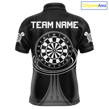 Load image into Gallery viewer, Black White Dartboard men's darts polo shirt, custom dart team jersey, personalized dartboard uniform, tournament darts apparel