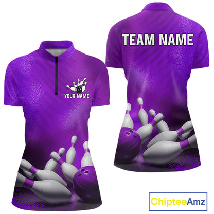 Custom Purple Quarter-Zip Bowling Shirt featuring custom player name, quick-dry performance fabric, breathable bowling tournament apparel, personalized team uniform.