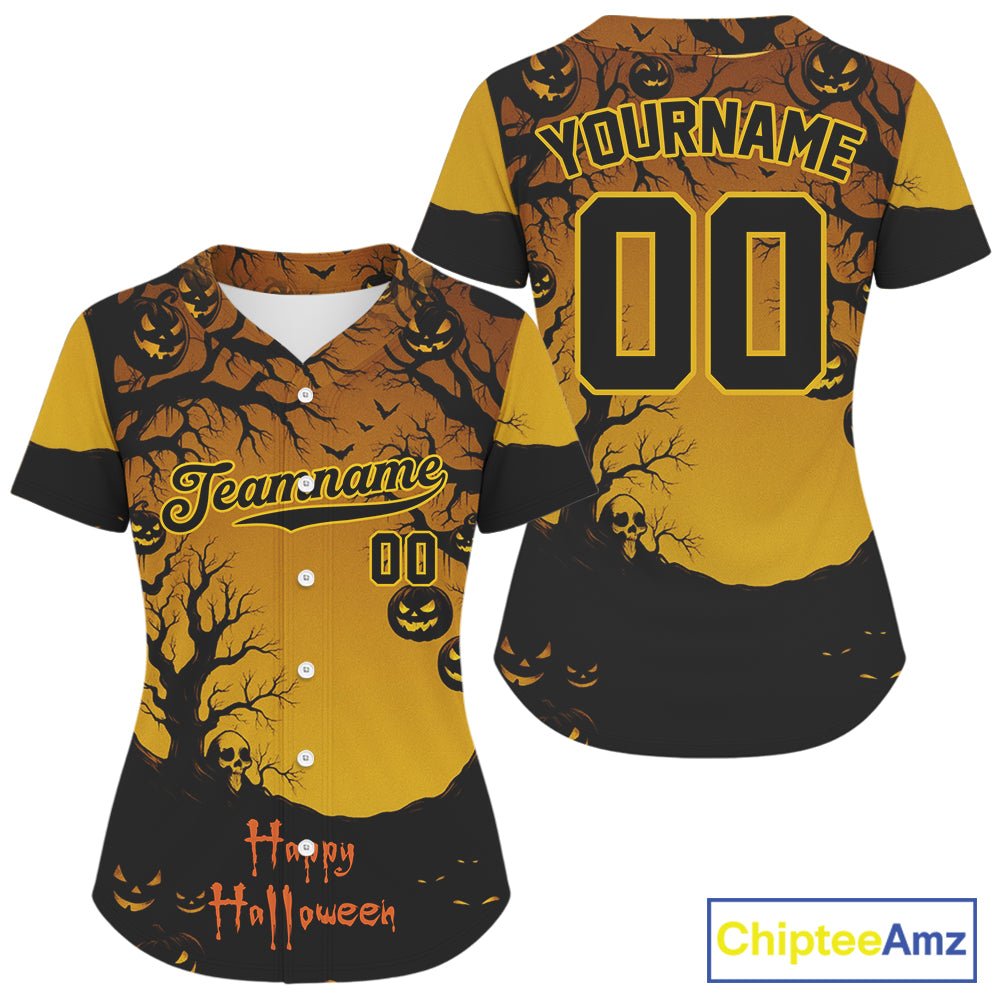 Custom Yellow Creepy Baseball Halloween Shirt For Women Happy Halloween Baseball Jerseys NYN1472