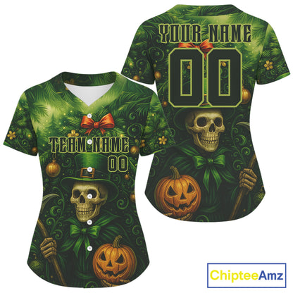 Custom Green Skull Patrick's Day Baseball Shirt For Women Xmas Tree Baseball Jerseys NYN1473