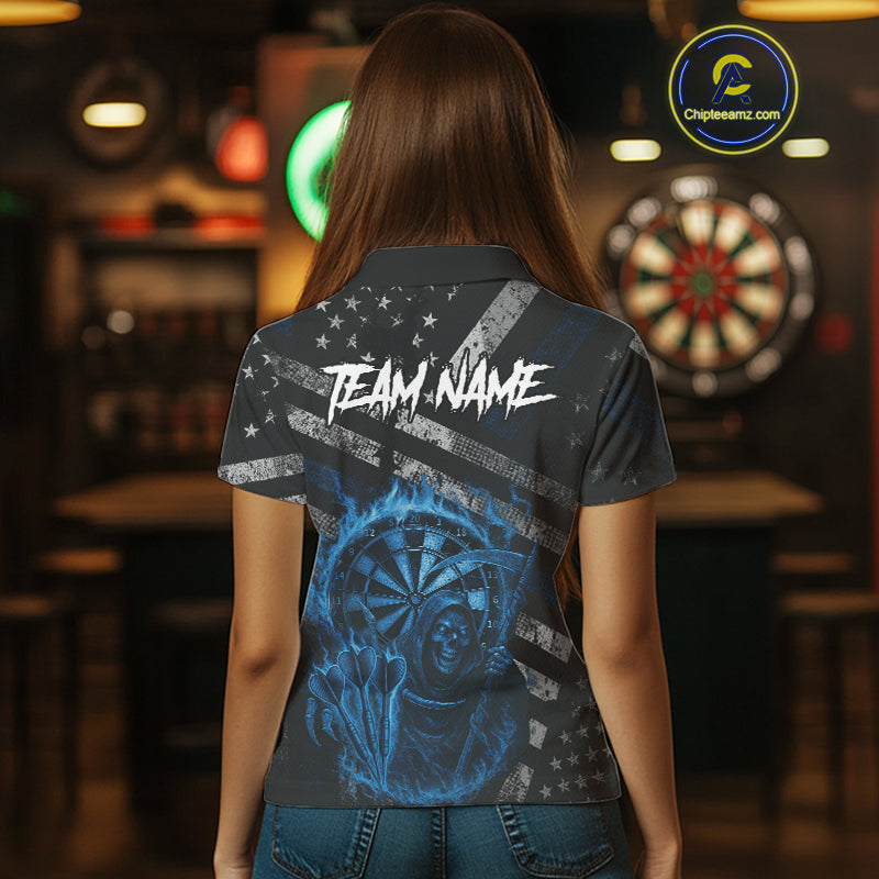 Custom Grunge US Flag Blue Smokes Skeleton Dart Women Polo Jerseys Patriotic Dart Shirts NYN1730