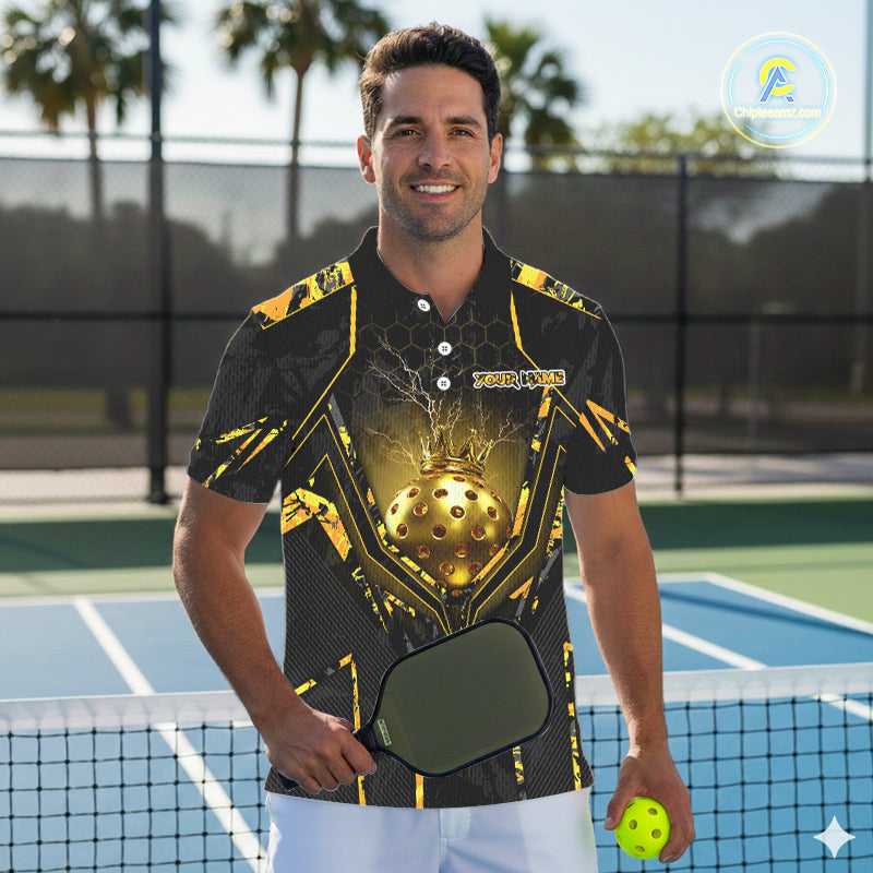 Custom Black And Yellow Gold Crown Pickleball 3D Ball Jerseys Men Pickleball League Shirts NYN2228