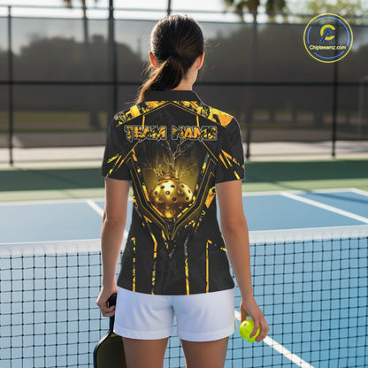 Custom Black And Yellow Gold Crown Pickleball 3D Ball Jerseys Women Pickleball League Shirts NYN2228