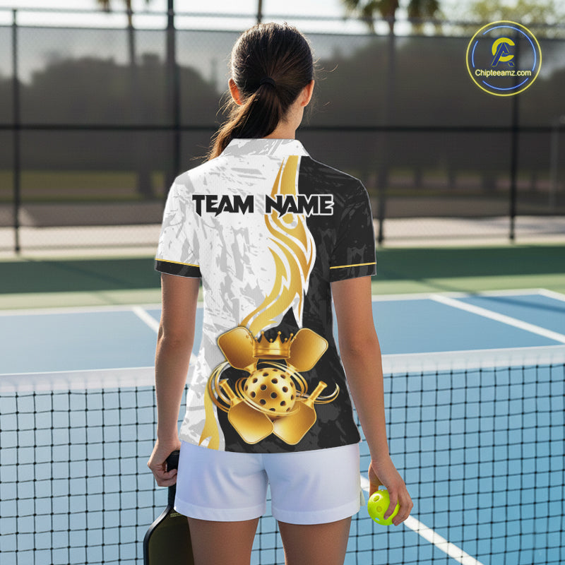 Black-White Gold Crown Pickleball Paddle & Ball Jerseys Custom Women Pickleball League Shirts NYN2234