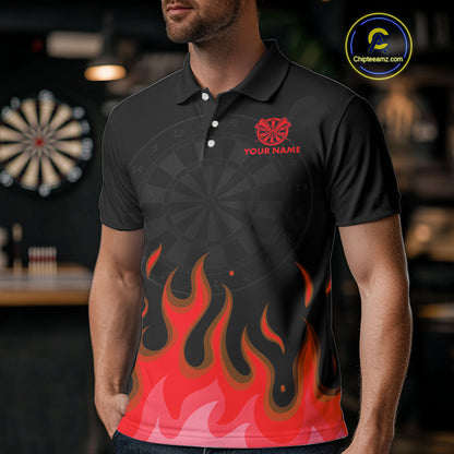 Maroon Flaming Dartboard Grey Skull Darts Shirt For Men - Custom Name & Team Jersey NYN0598