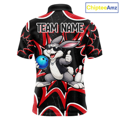 Funny Rabbit men's bowling polo shirt, personalized bowling team jersey, black red bowling apparel, bowling gift for men
