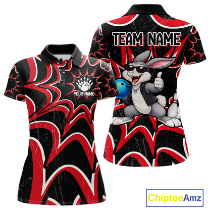 Funny Rabbit women's bowling polo shirt, personalized bowling team jersey, black red bowling apparel, bowling gift for women