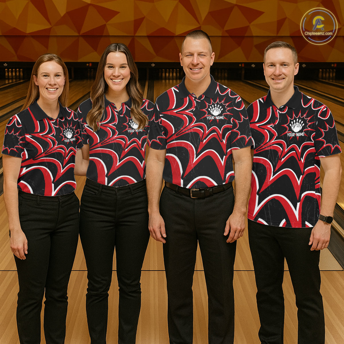 Men women bowling team wearing Funny Rabbit custom bowling uniforms, league bowling apparel