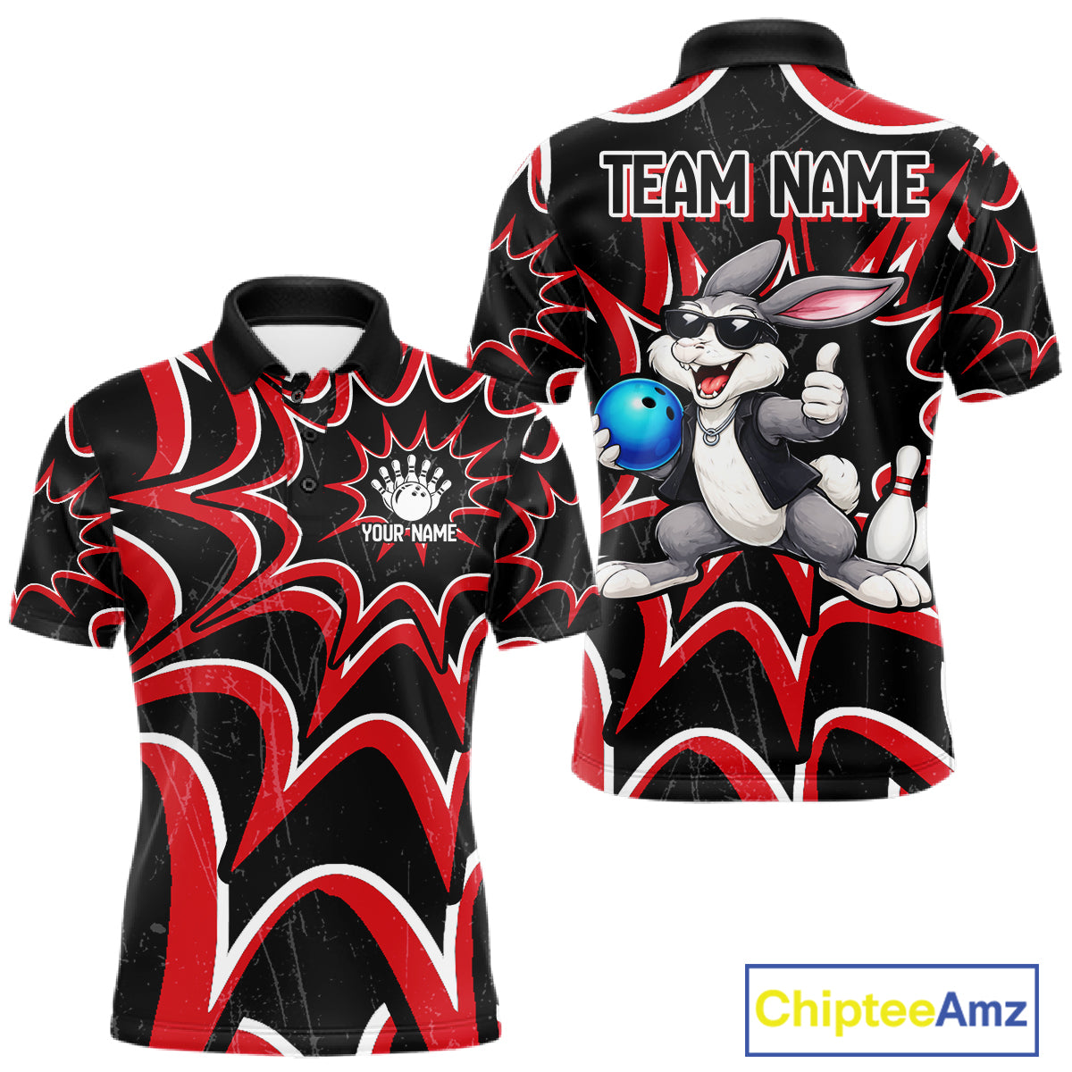 Funny Rabbit men's bowling polo shirt, personalized bowling team jersey, black red bowling apparel, bowling gift for men