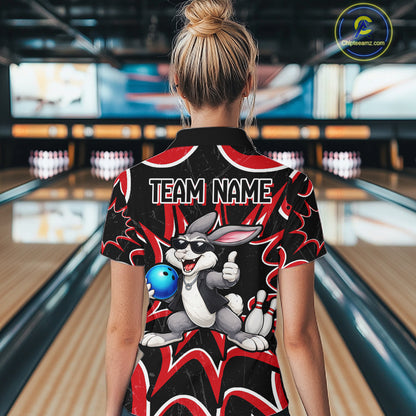 Funny Rabbit women's bowling quarter zip shirt, custom bowling team uniform, league bowling jersey