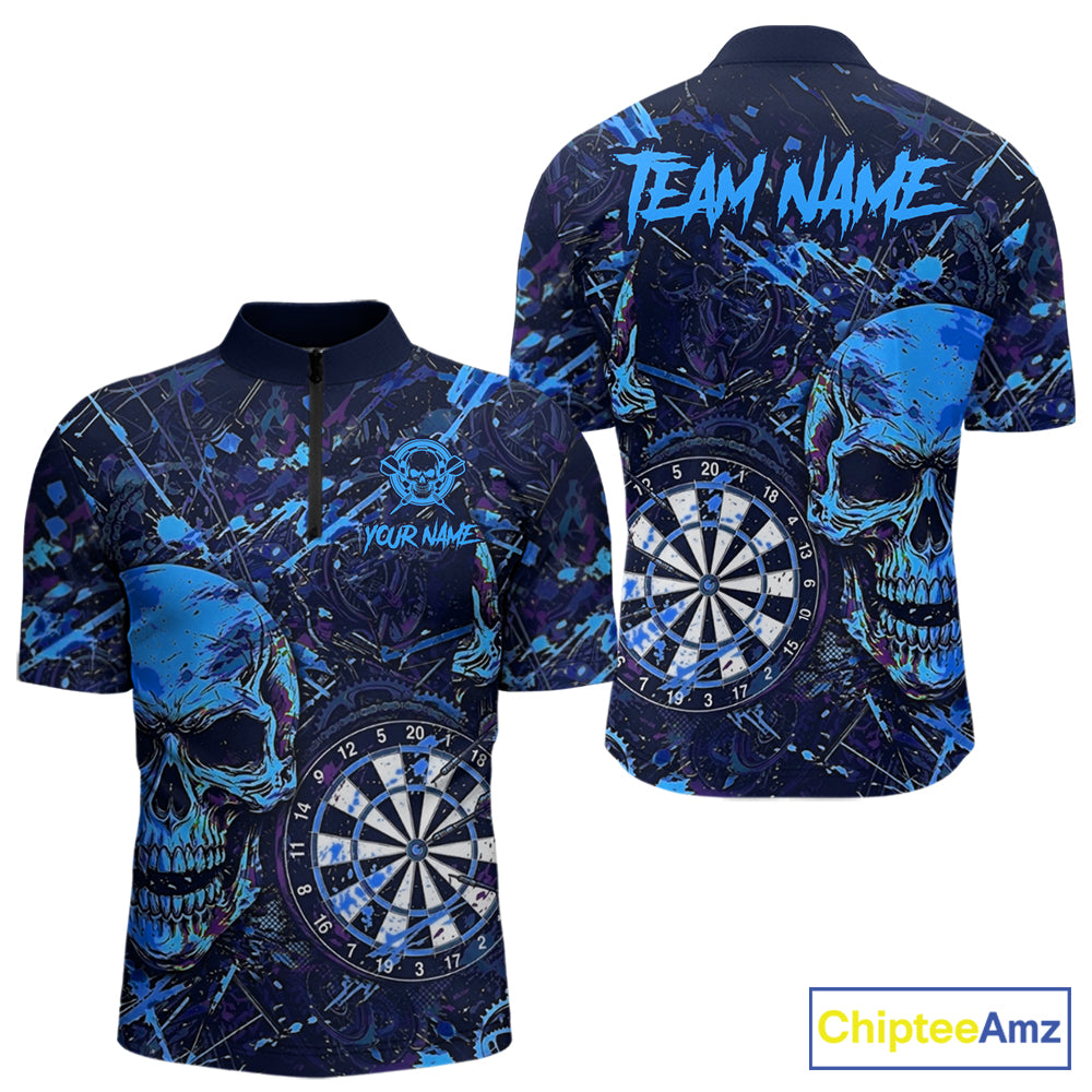 Grunge Blue Purple Skull Men's Quarter-Zip Darts Shirt, Personalized Horror Dart League Jersey, Athletic Gothic Performance Apparel, Competitive Tournament Uniform, Fearless, Power & Precision