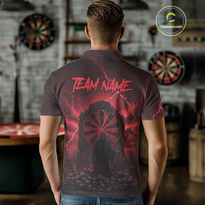 Custom Multi-Skull Lightning Red Dartboard Dart Men Polo Jerseys Grim Reaper Dart Shirts NYN1736