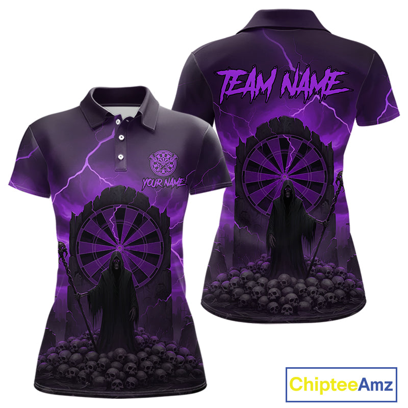 Custom Multi-Skull Lightning Purple Dartboard Dart Women Polo Jerseys Grim Reaper Dart Shirts NYN1737