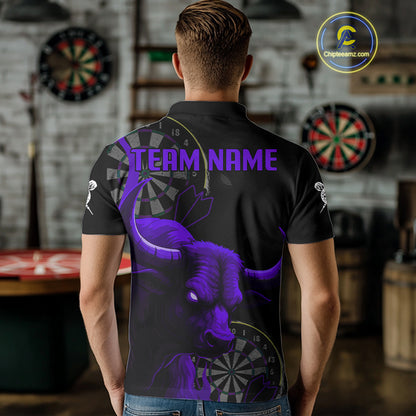 Purple Ferocious Bull Grunge Dartboard Men Polo Darts Shirt Custom Name & Team Jersey NYN2005