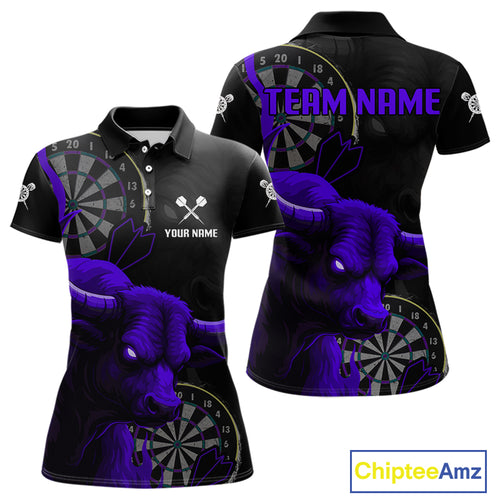Purple Ferocious Bull Grunge Dartboard Women Polo Darts Shirt Custom Name & Team Jersey NYN2005