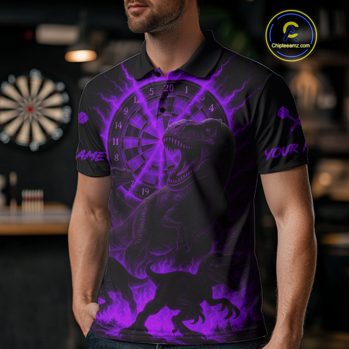 Custom Purple Flaming Dinosaurs Dartboard Polo Dart Shirt For Men Dinosaur Dart Jerseys NYN2006