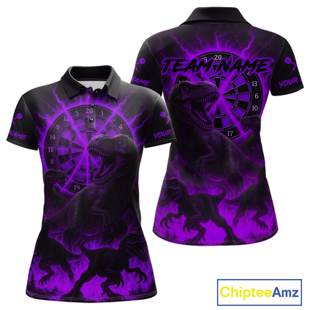 Custom Purple Flaming Dinosaurs Dartboard Polo Dart Shirt For Women Dinosaur Dart Jerseys NYN2006