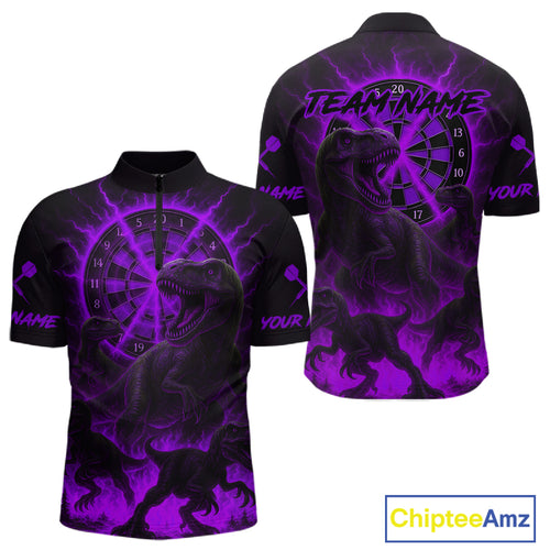 Custom Purple Flaming Dinosaurs Dartboard Quarter-Zip Dart Shirt For Men Dinosaur Dart Jerseys NYN2006