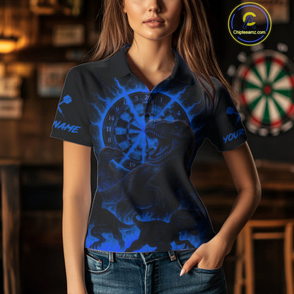 Custom Blue Flaming Dinosaurs Dartboard Polo Dart Shirt For Women Dinosaur Dart Jerseys NYN2007