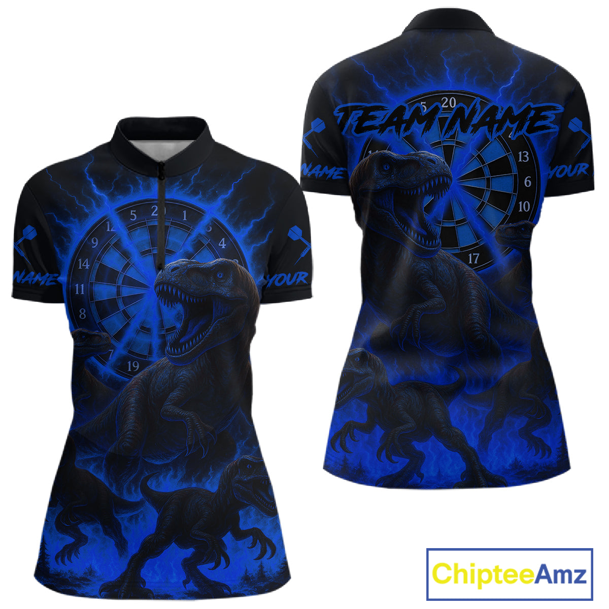 Custom Blue Flaming Dinosaurs Dartboard Quarter-Zip Dart Shirt For Women Dinosaur Dart Jerseys NYN2007