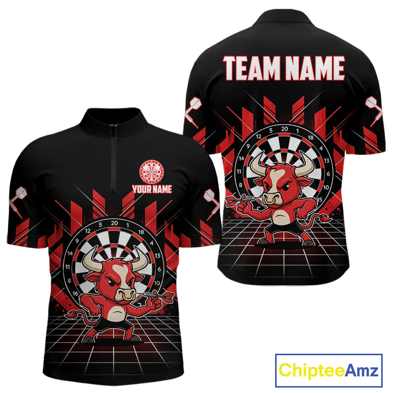 Custom Black And Red Geometry Funny Bull Dart Arrow Quarter-Zip  Dart Shirt For Men Dart Jerseys NYN2008