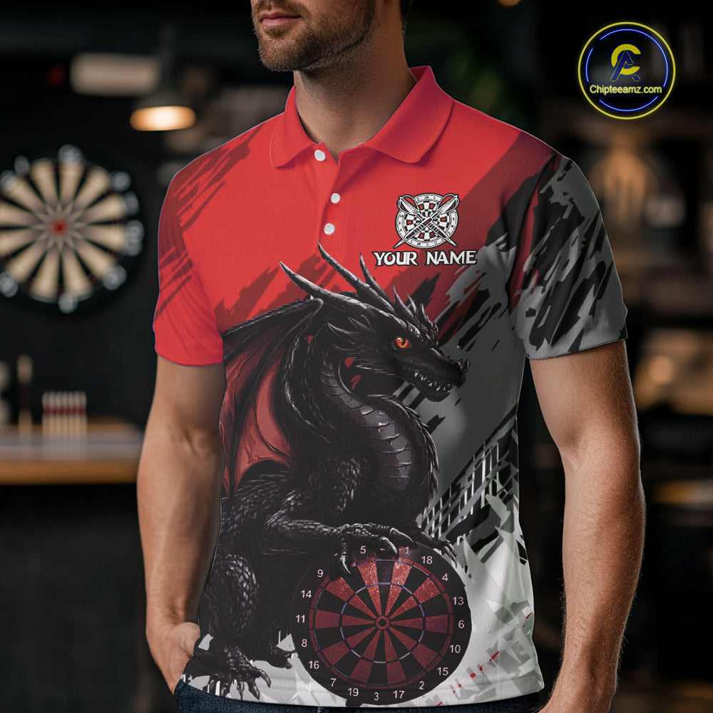 Red Grunge Dragon Dartboard Custom Men Darts Polo League Shirts Dragon Dart Jerseys NYN2239