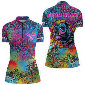 Custom Colorful Bulldog Funny Dart Shirts Polo & 1/4 Zip For Women, Dart Jerseys NYN0007