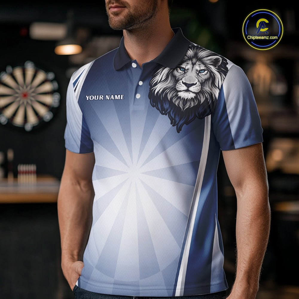 Personalized Blue And Silver Funny Lion Darts Shirt Lion Darts Polo & 1/4-Zip For Men Darts Gifts NYN2899