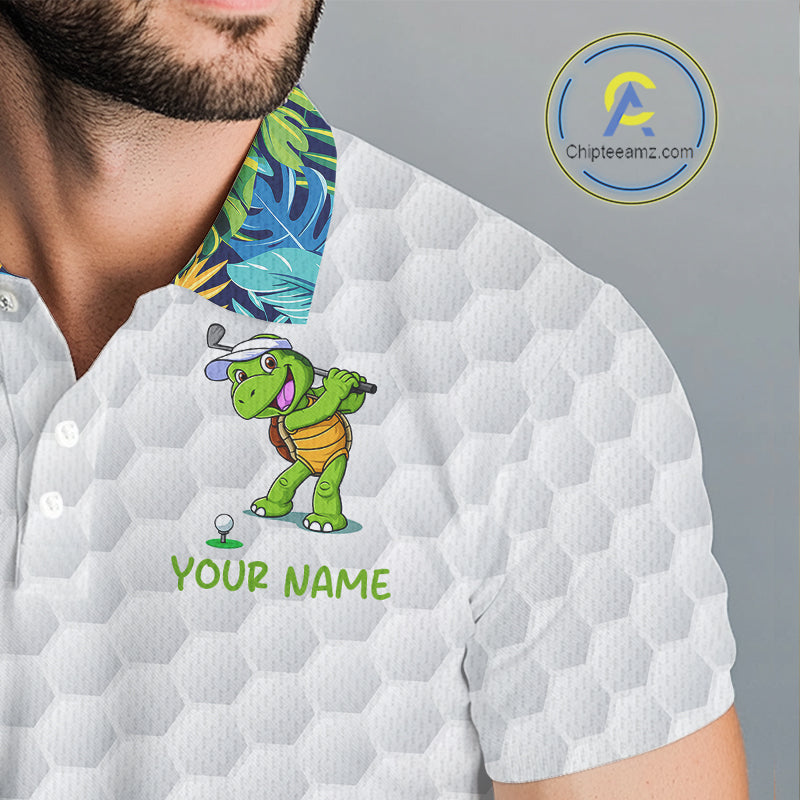 Golfing Turtle Mens Golf Polo Shirt Custom Tropical Pattern Monstera Golf Team Shirts NYN2907