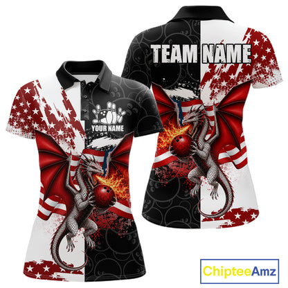 US Flag Women Bowling Shirt Custom Patriotic Dragon Flame Bowling Polo Jersey 